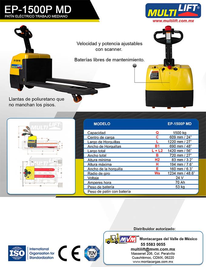 ▷ Patin eléctrico industrial PTE15N / 1.5 Toneladas ◁